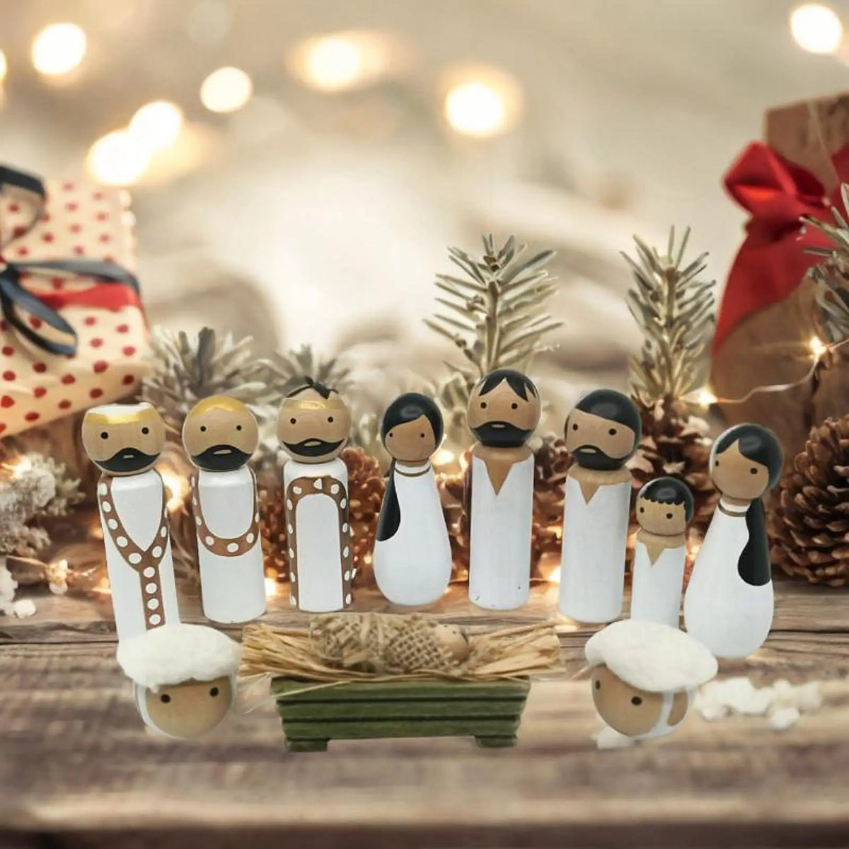 Wood Nativity Scene Figurine Set Compact Desktop Ornament Gift Jesus Birth Christmas Decoration Crafts for Desk Office Xmas Quake