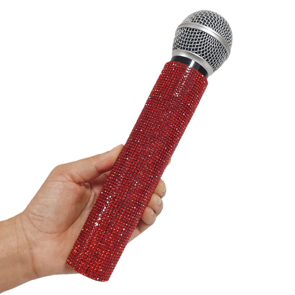 Rhinestone Simulation Microphone Props Colorful Plastic Fake Mic Decoration Ornaments For Home Bar Party Photography Cosplay Quake red