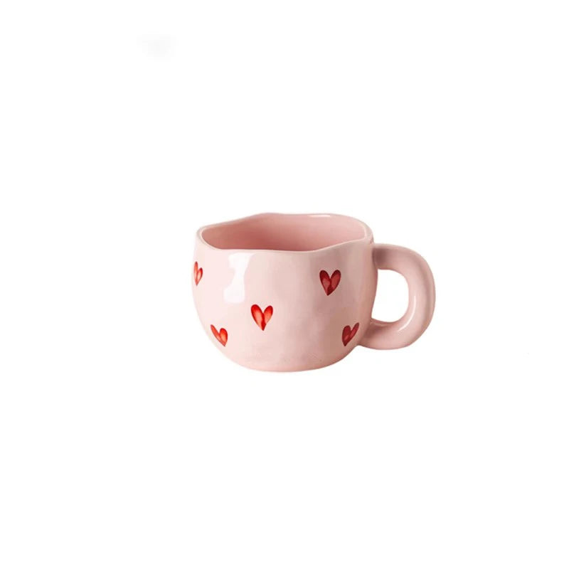 YWDL 1pcs Hand Painted Love Mug Creative Heart Water Cup Ceramic Milk Mug With Handle Valentine's Day Gift Quake pink 300ml