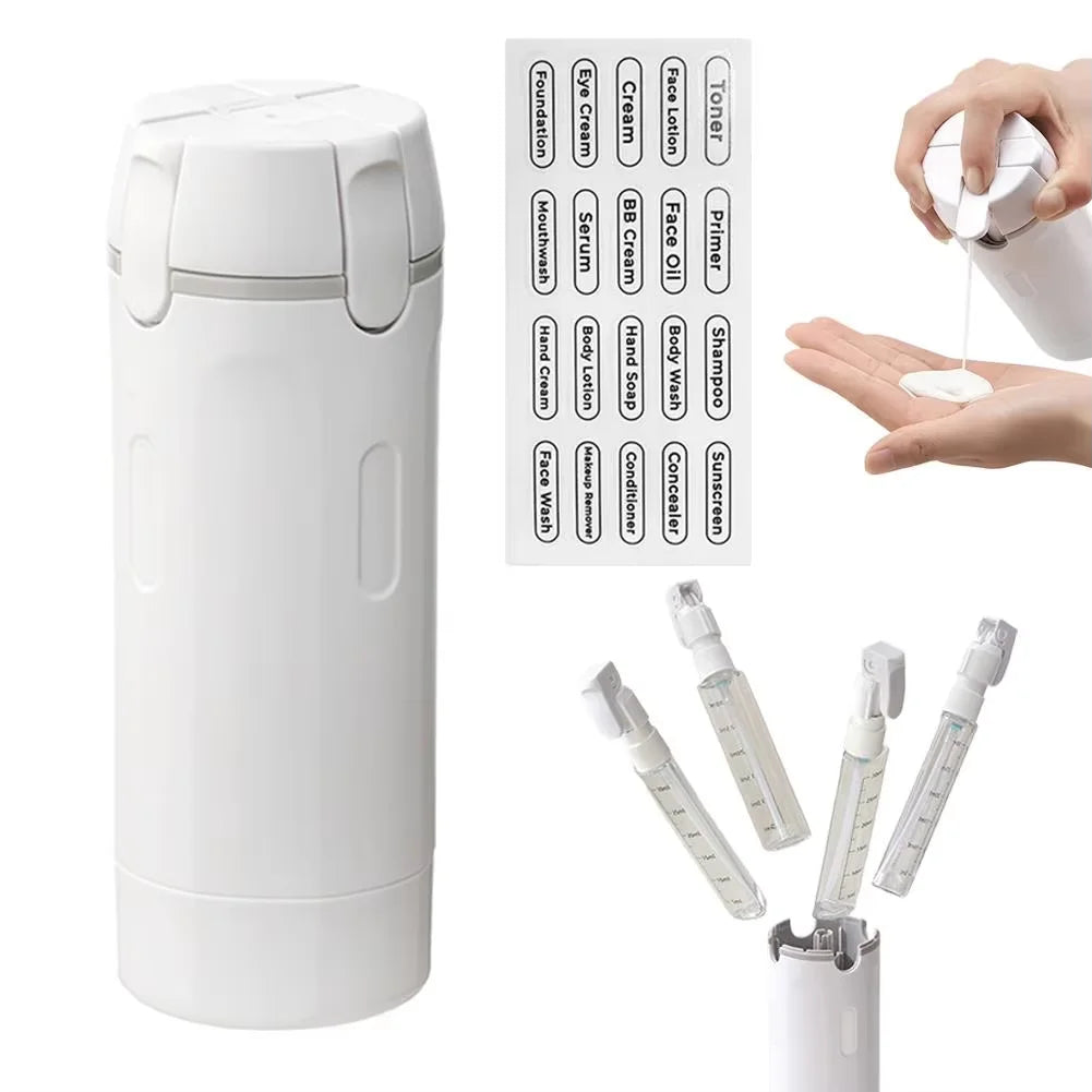 4-in-1 Travel Refillable Bottles, Portable Toiletries and Cosmetics Containers for Shampoo, Body Wash, Travel Storage Bottles Quake WHITE