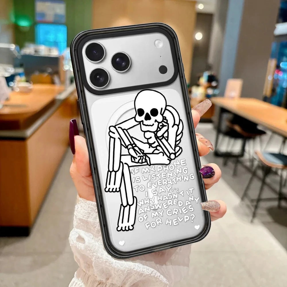 Stay Cold Skeleton Pattern Mirror Surface Magnetic Phone Case Cover for IPhone 13 14 15 16 17 18 Pro Max Case Quake