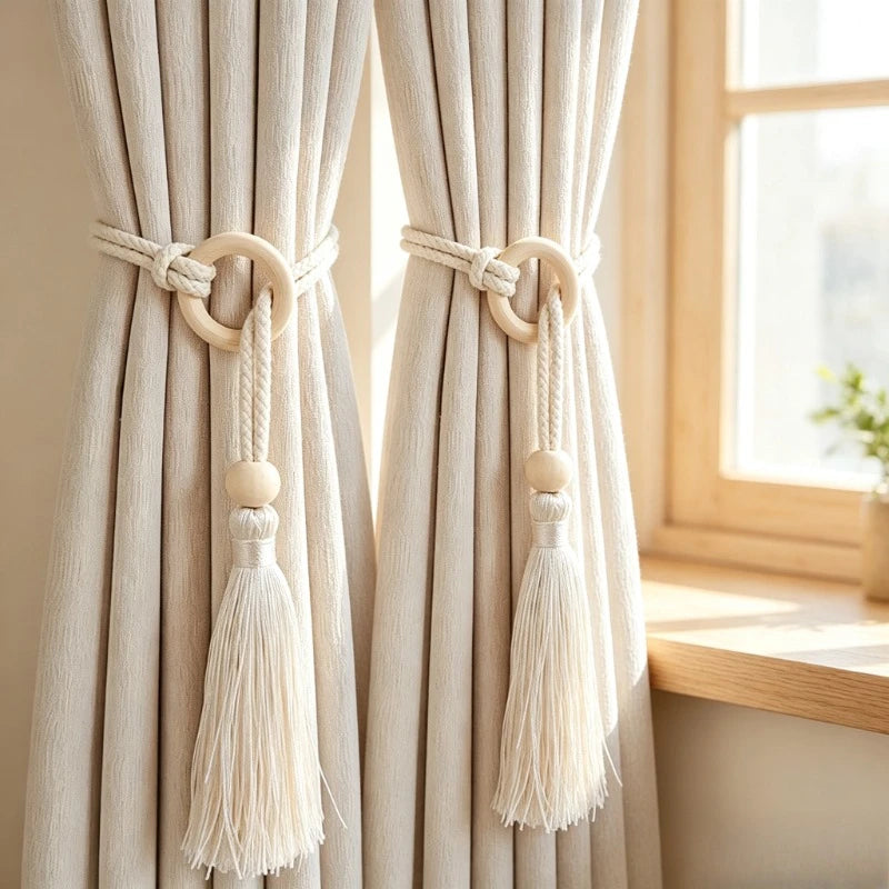 Wooden Ring Tassel Curtain Tiebacks Hand Woven Cotton Rope Curtain Holdbacks Adjustable Curtain Straps Home Decorations Quake