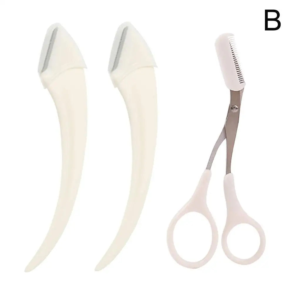 Crescent Moon Eyebrow Trimmer Set, Stainless Steel Curved Eyebrow Razor Eyebrow Scissors With Comb Quake White