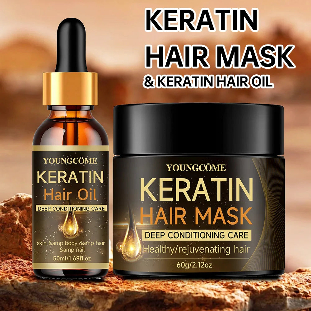 Keratin Hair Mask Professional Hair Mask Deep conditioner essential oil set,RepairDry Frizzy Damaged Cream Pro Soft Smooth Shiny Quake 60G-50ML