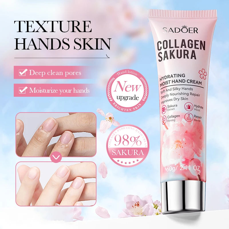 Sakura Collagen Hydrating Hand Cream Moisturizing Hand Lotion For Dry Cracked Hands, Deep Repair Smooth Hands Care 60g Quake 1PC