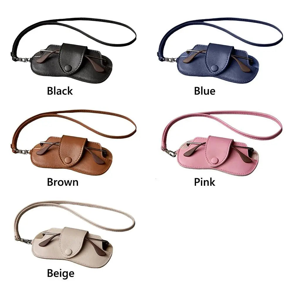 PU Leather Sunglasses Storage Bag with Lanyard Durable Sunglasses Pouch Solid Color Portable SunGlasses Holder Quake