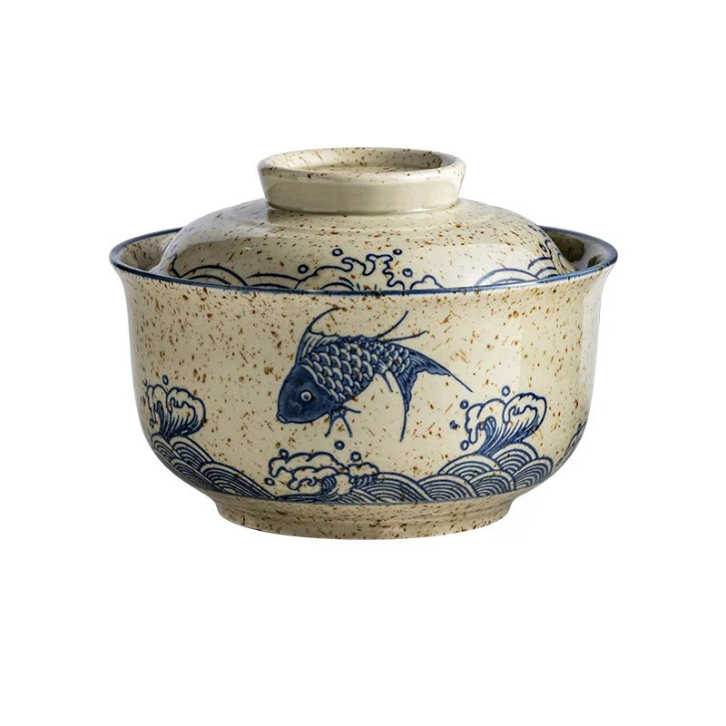 YWDL 750ml Japanese Style Ceramic Bowl With Lid Vintage Soup Bowl Microwave Safe Ramen Rice Serving Bowl For Home Kitchen Quake fish