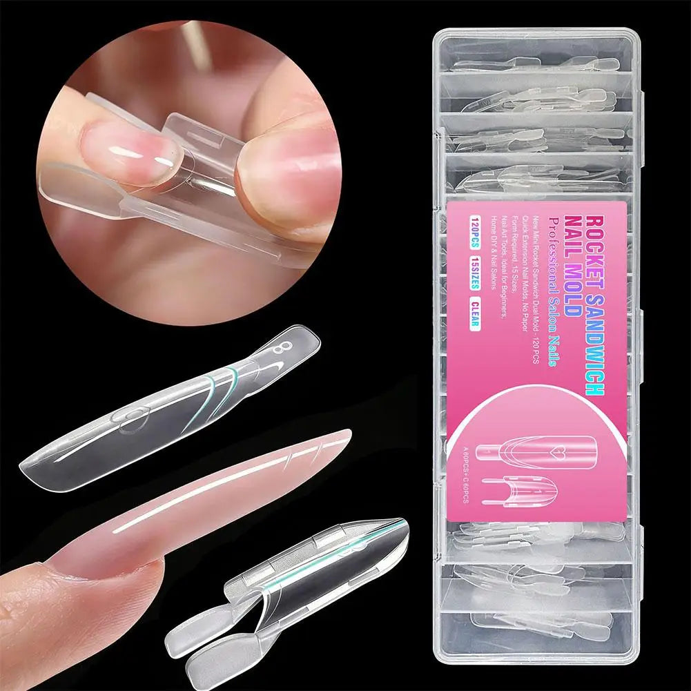 1/3boxesDual Nail Forms with Box,Clear Rocket Sandwich Top & Bottom Forms for Poly Gel Nail Extension, Full Cover Manicure Tools Quake