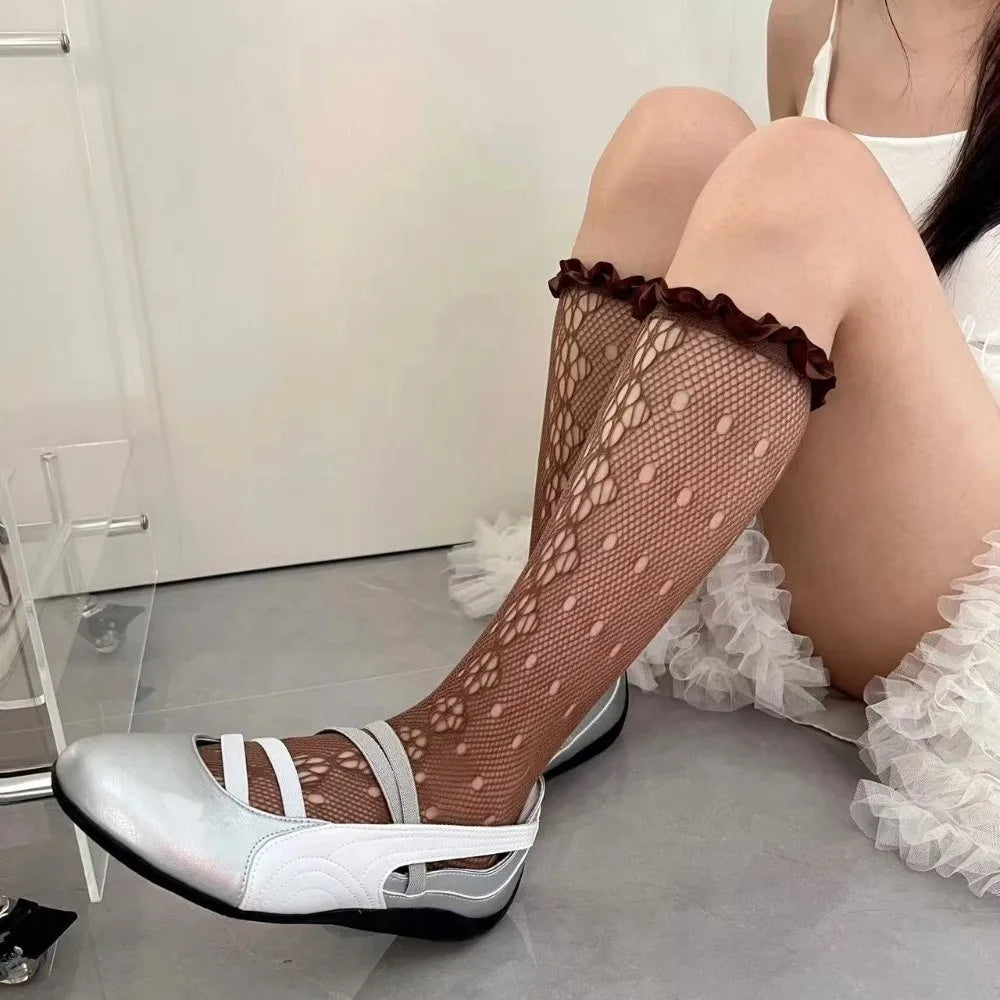 Sexy Solid Color Women's Stockings Hollow out Thin Pile Calf Socks Lace Korean Knee Highs Socks Girl Quake
