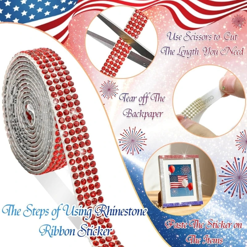 Red White Blue Adhesive Rhinestones Ribbon Set with 3 Rolls and 2 Star Sheets for Celebration Crafts, Gift Wrap, Cards and K1KF Quake CN