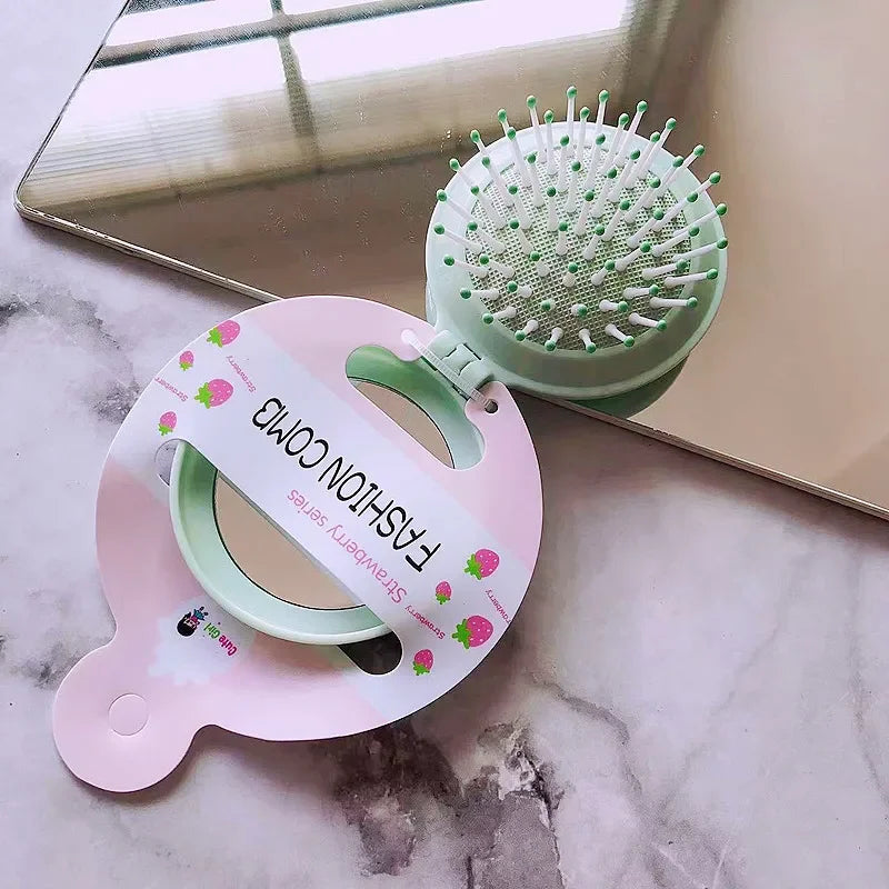 New Candy Color Folding Comb with Mirror Small Portable Travel Anti-static Folding Air Cushion Massage Combs Hair Care Brushes Quake Green
