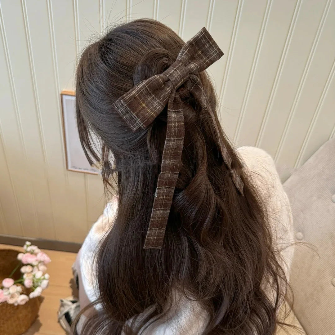 Vintage Plaid Print Bow Hairpins Women Girls Hair Clips Claw Elegant Barrettes Accessories Hairclip Headdress Headwear Ornament Quake coffee