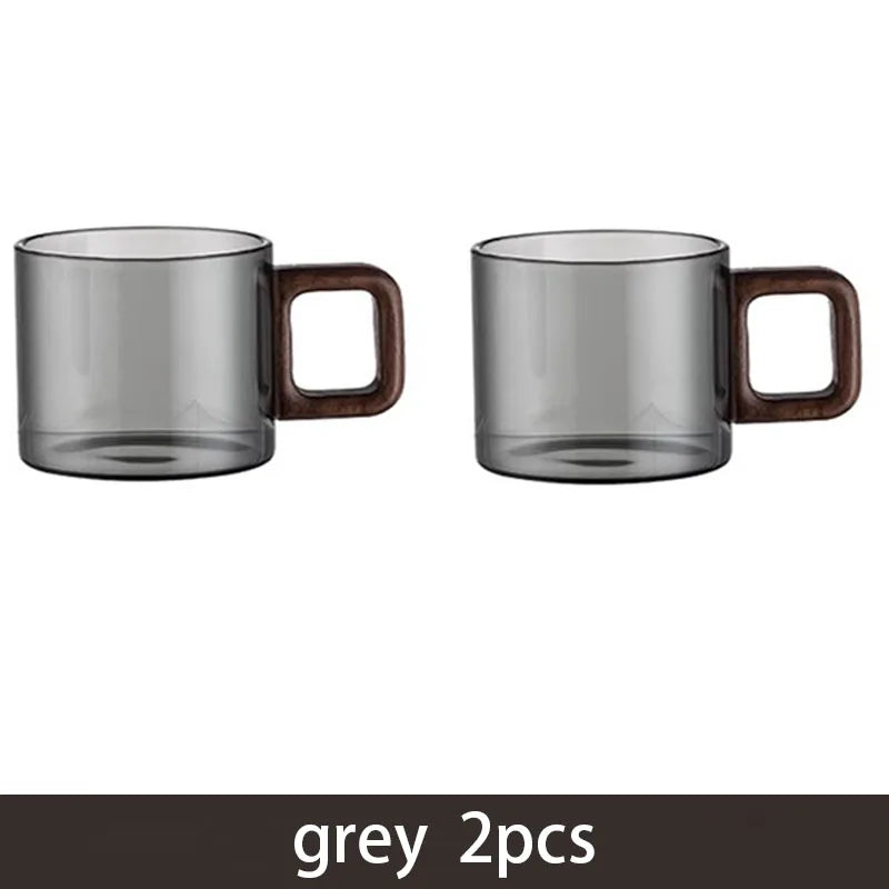 120/200/300/360ml Glass Cups With Walnut Handle Coffee Mug Set Heat-resistant Teacup Household Office Drinking Glasse 2pcs Quake 120ml 2pcs grey 120-360ml