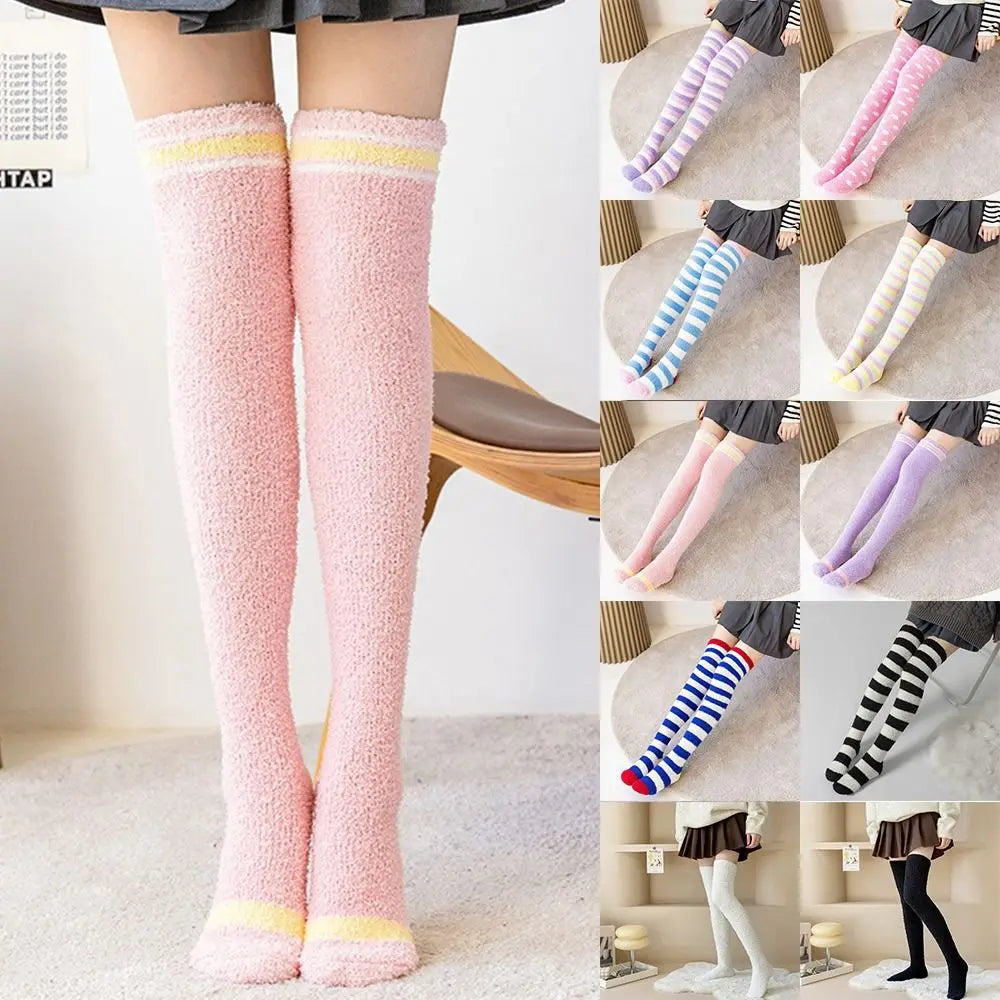 Soft Warm Striped Stockings Long Tube Comfortable Over Knee Socks Coral Velvet Cozy Lined Terry Socks Winter Quake