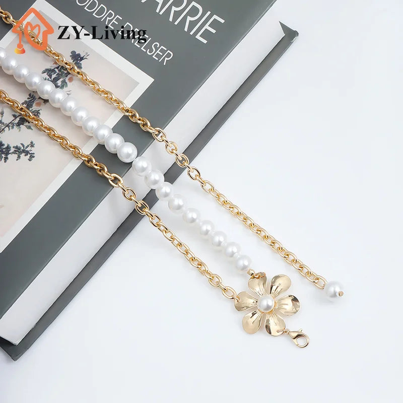 Ladies Fashion Metal Pearl Flowers Waist Chain Women Thin Body Dress Pants Decoration Belts For Girls Luxury Waist Chain Quake