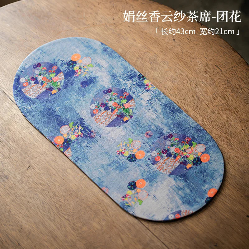Double-sided Silk Fragrant Cloud Yarn Tea Mat Chinese Style Tea Table Heat Insulation Waterproof Mat Chinese Zen Dry Foam Mat Quake Mat - Round Flower