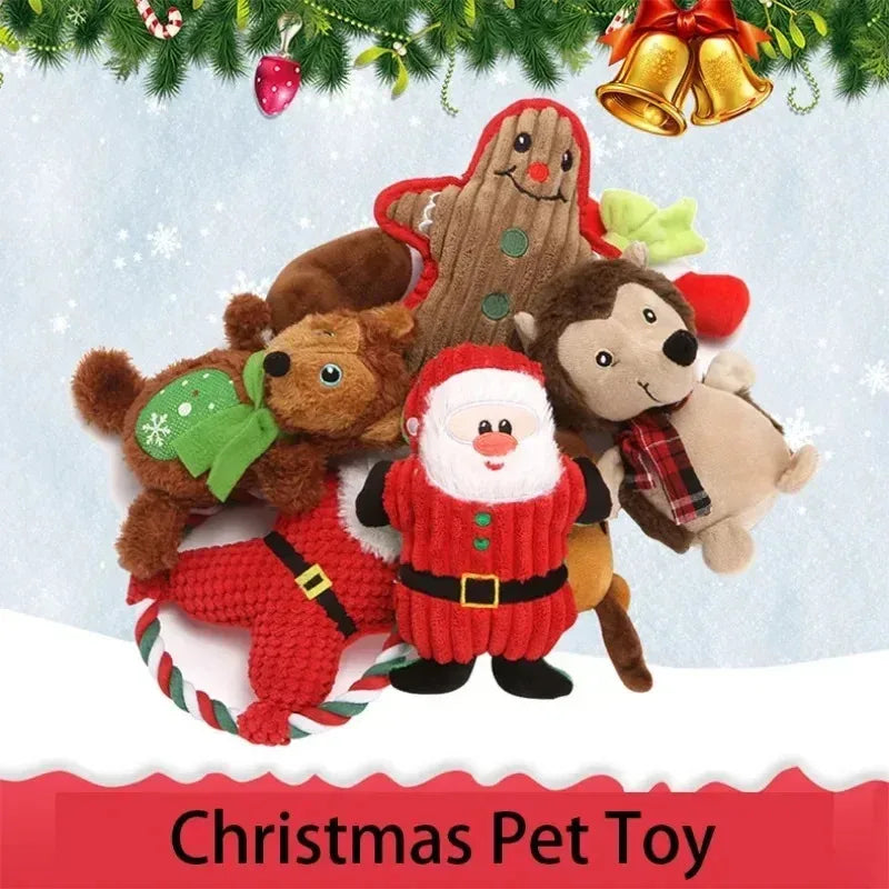Christmas Dog Chewing Plush Toy - Santa Elk Gingerbread Man Donut Cartoon Series, Squeak Noise Pet Toy Suitable for Dogs and Cat Quake