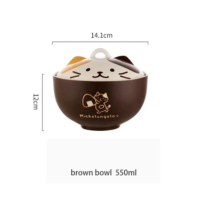 YWDL 550ml Cartoon Cat Ceramic Instant Noodle Bowl With Lid Underglaze Color Soup Salad Bowl Kitchen Office Student Lunch Box Quake brown