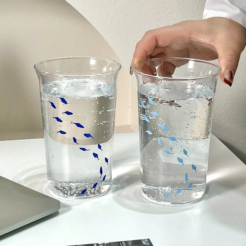 1pc Ins Style Printed Small Fish Glass Cup Flip Over Milk Juice Coffee Cup High Aesthetic Drinking Utensil Quake
