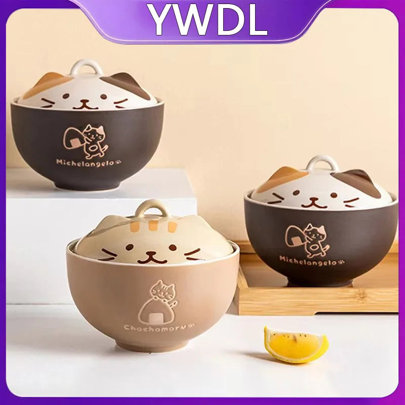 YWDL 550ml Cartoon Cat Ceramic Instant Noodle Bowl With Lid Underglaze Color Soup Salad Bowl Kitchen Office Student Lunch Box Quake