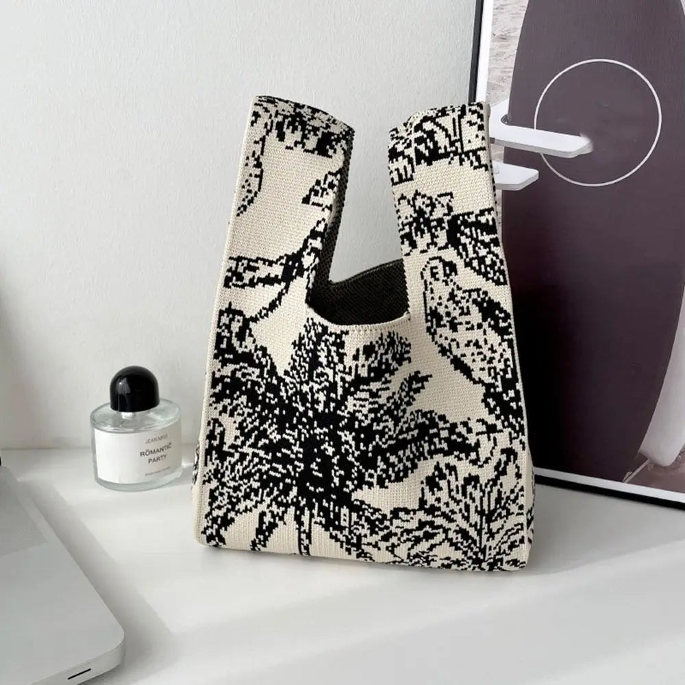 Handmade Mini Knit Handbag for Women Small Knot Wrist Bag Casual Colorful Plaid Tote Bag Girls Reusable Shopping Bags Quake