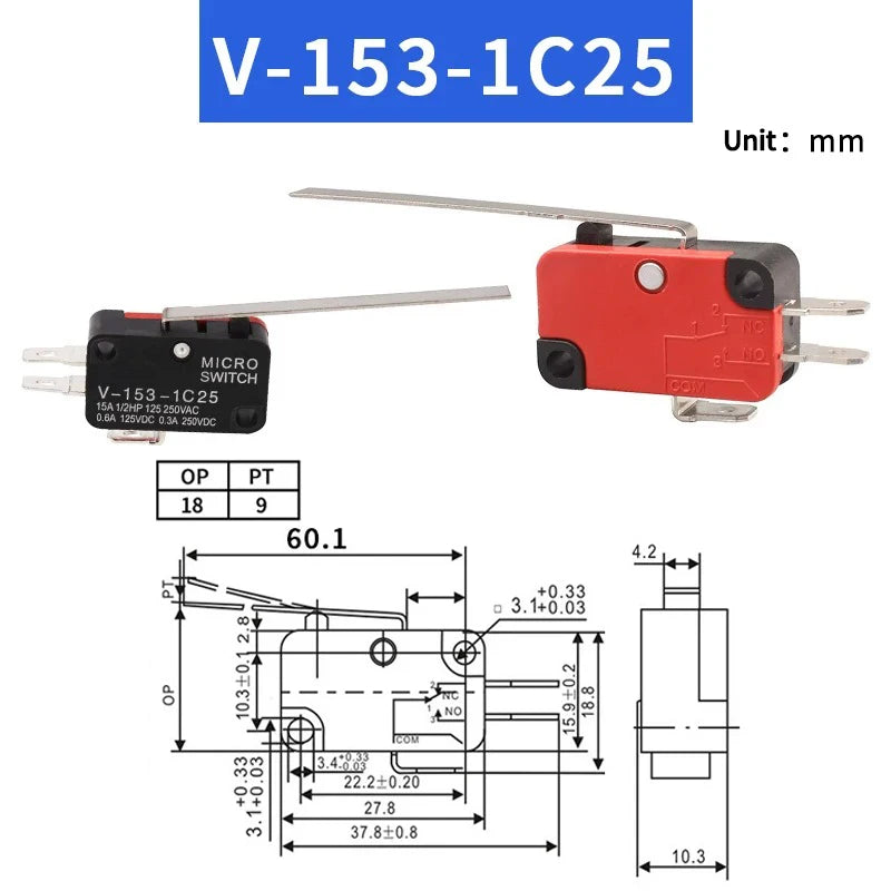 Small Travel Limit Switch V-152/156-1C25 Self-resetting 3-pin Miniature Push Button Tactile Microswitch Quake V-153-1C25 1PCS
