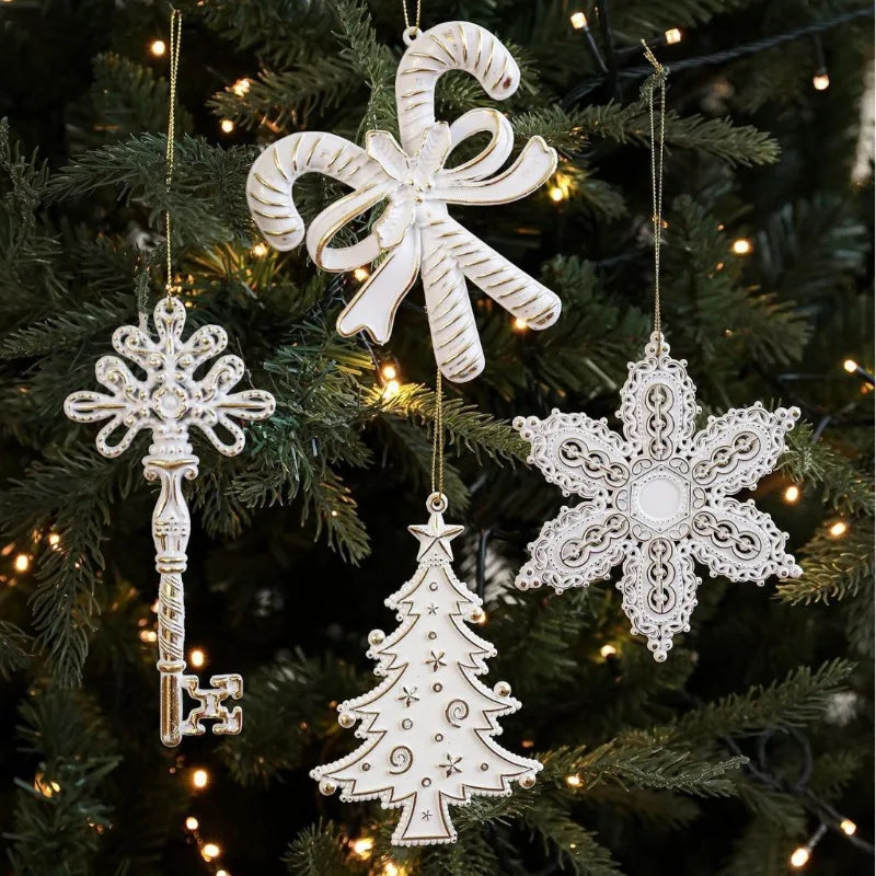 1pc Nordic Antique White Gold Edge Christmas Tree Pendants Plastic Decorative Ornaments Window Hangings Quake