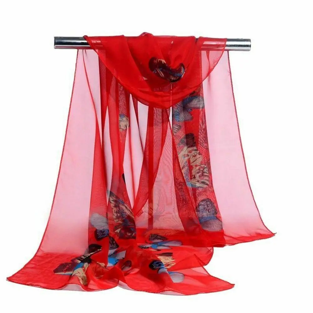 New Trendy Elegant Silk Scarves Women's Butterfly Flower Print Long Chiffon Scarf Soft Wrap Lady Shawl Fashion Accessories Quake red