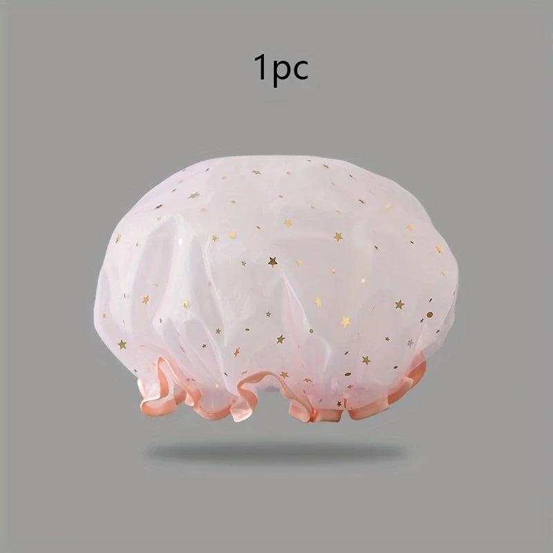 Waterproof Double-Layer Shower Cap Starry Sky Design Fashion Reusable Bathing Hat Kitchen Oil-proof Sanitary Hat Quake pink