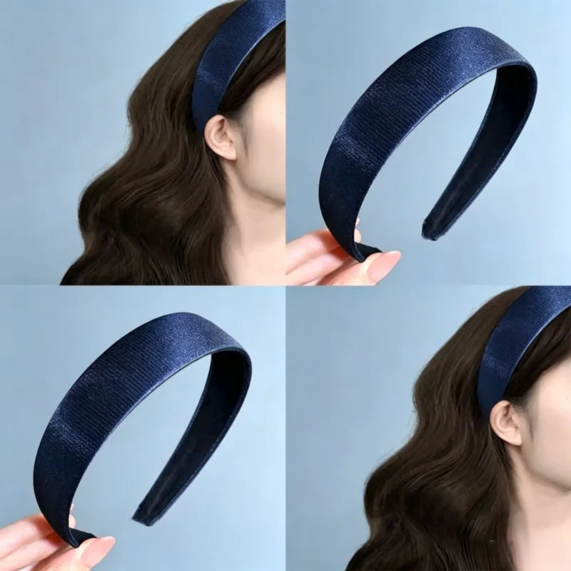 American Retro Navy Satin Wide Headband Handmade College Style Hair Hoop Sweet Versatile Hair Accessory for Teen Women Quake