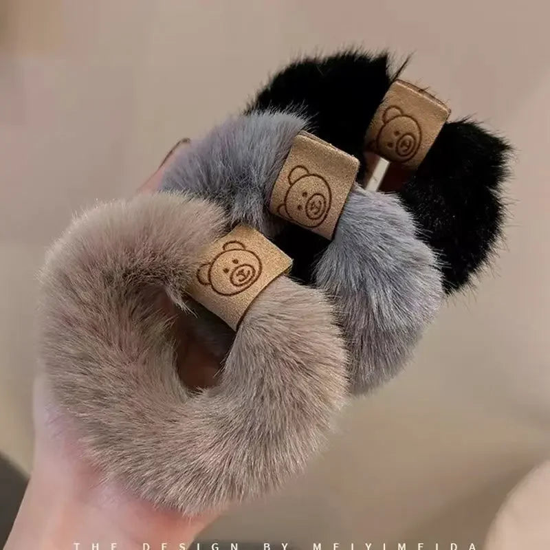 2023 New Soft Plush Hair Rope Korean Thick High Elastic Bear Hairband Braiding Hair Accessories Ponytail Headwear Scrunchies Quake