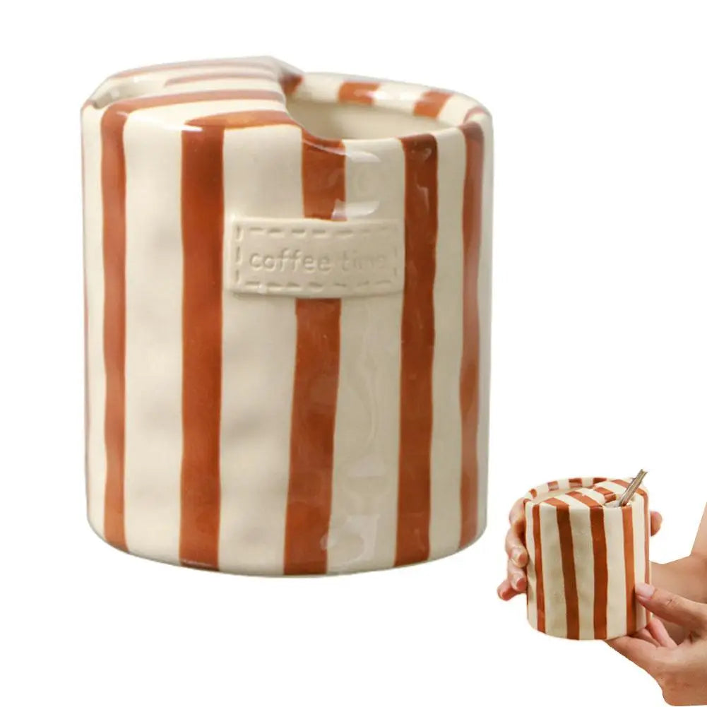 Vintage Stripe Hand Painted Ceramic Mug Creative Dual Compartment Coffee Cup for Office Afternoon Tea Breakfast Quake Brown 300ml