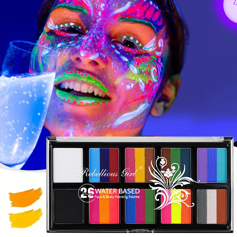 26 Color Body Face Painting Kit with Brush UV Fluorescent Face Makeup Palette,Halloween Carnival Artist Cosplay Art Party Makeup Quake