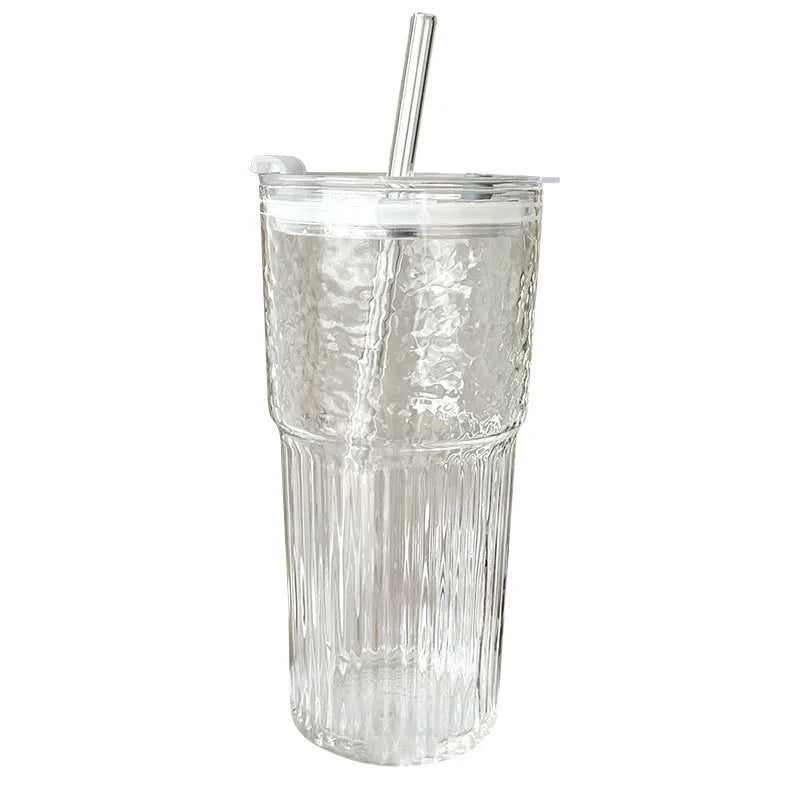 YWDL 600ml Stripe Glass Cup with Lid And Straw Transparent Milk Tea Juice Cup Drinking Glasses Ice Water Coffee Mug Bar Quake 600ml