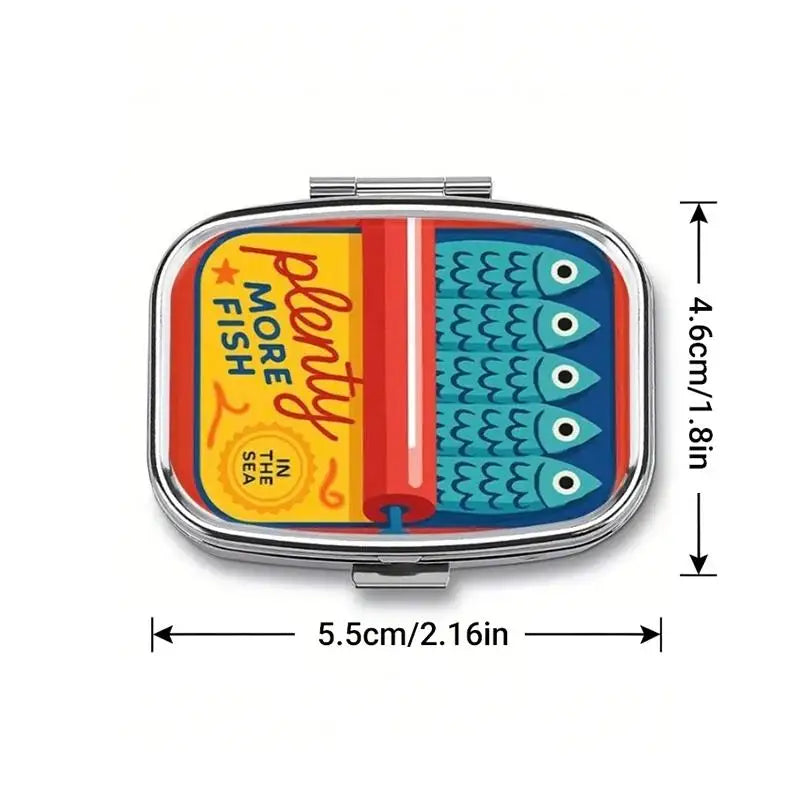 1Pcs 2-Compartment Retro Sardine Print Pill Box Metal Mini Organizer For Women Travel Jewelry Medicine Candy Storage Quake A9
