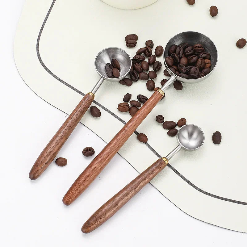 Wood‑Handle 304 Stainless Steel Measuring Spoon Scale Mark Coffee Powder Seasoning Baking Tool Measuring Spoon Quake