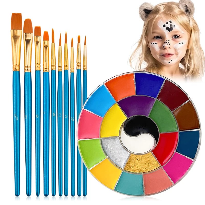 20 Colors Face Body Paint Palette Oil Makeup Set SFX Body Art Halloween Party Painting with 10 pcs brushes,Tattoo Stencil kit Quake A with 10pcsbrush