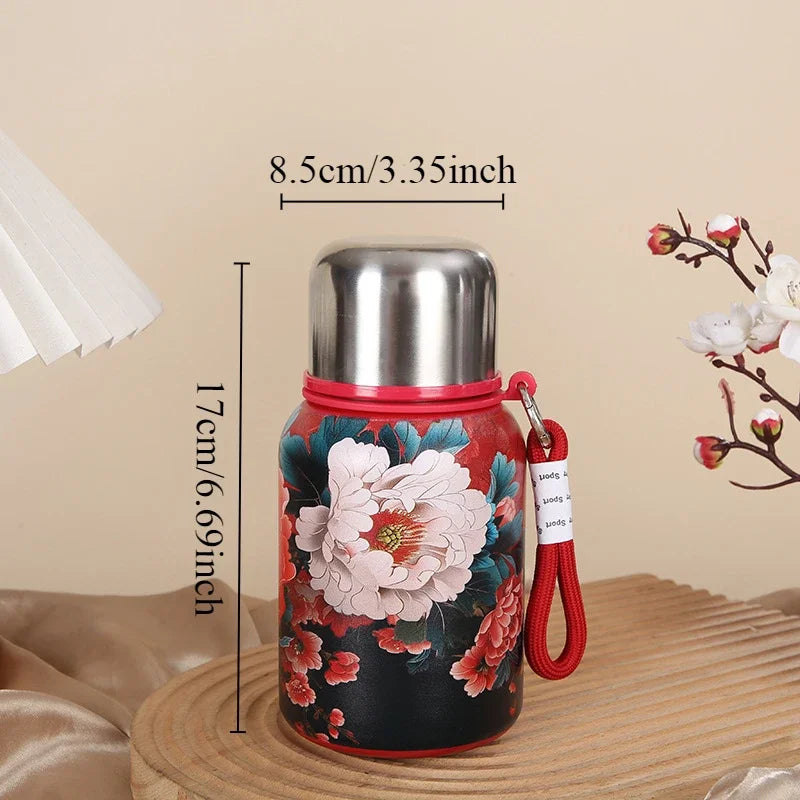 Retro and Bustling High-value Insulated Cup with Creative Rose Pattern Double-layer Water Cup Car Portable Drawstring Stew Cup Quake Peony 450ml 501-600ml