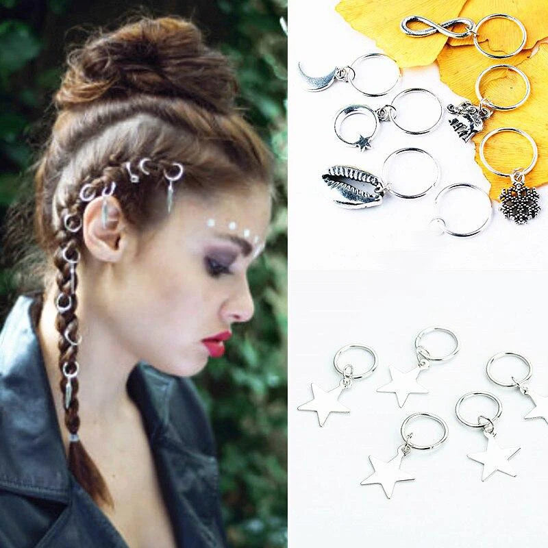 5 Pcs/set Hair Braid Dreadlocks Bead Gold Silver Shell Stars Moon Hair Rings African Braids Metal Pendant Decorative Accessories Quake