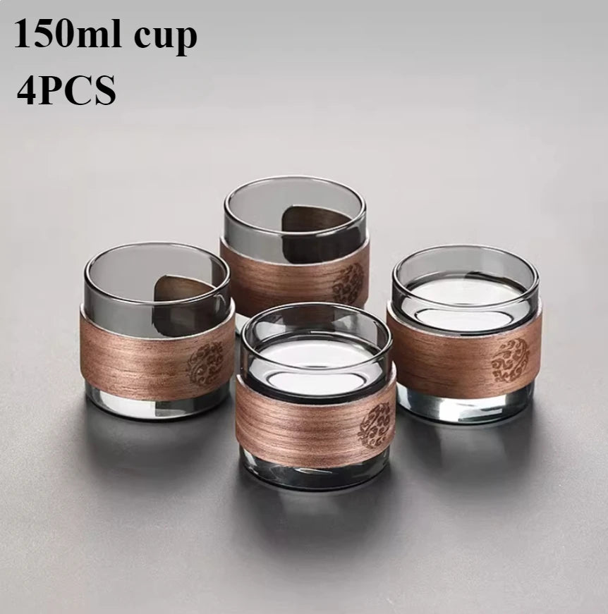 Thickened Glass Tea Cup with Wooden Ring Heat-resistant and Heat-resistant Water Cup Master Cup Household Glass Cup Coffee Cup Quake 4pcs 150ml 301-400ml