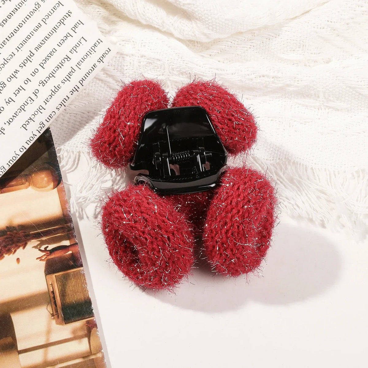 Autumn Winter Solid Color Wool Knitted Hair Claw Korean Fashion Sweet Ponytail Clip Handmade Female Hair Clip Hair Accessories Quake ys red
