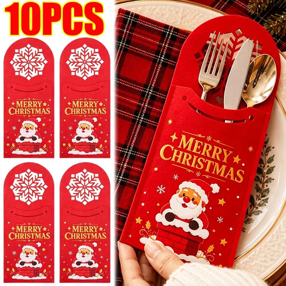 10/1PCS Felt Christmas Cutlery Holder Hollow Santa Claus Snowflake Pouch Xmas Fork Knife Spoon Bags Festive Table Decor Supplies Quake