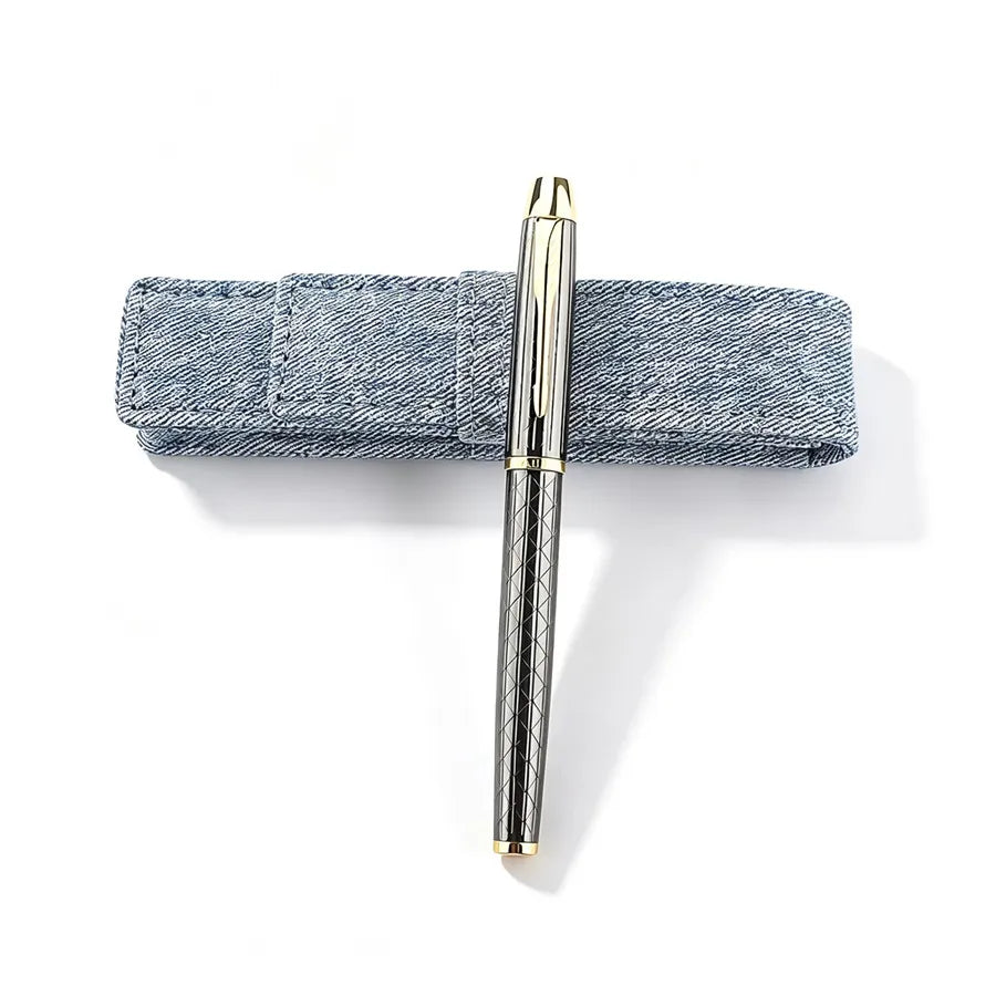 Luxury Engraved Metal Gold Nib Signature Pen With Denim Fabric Pen Case Business Office Writing Gift Fountain Pen Quake