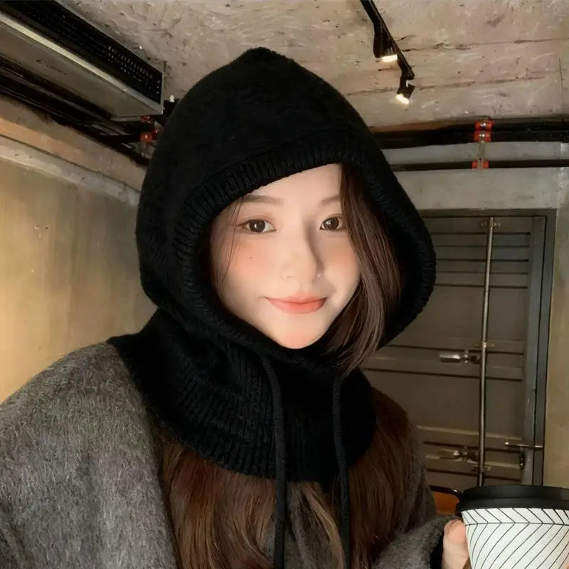 Winter Knitted Hooded Scarf Hat Warm Balaclava Hats Outdoor Ear Protection Beanies Solid Color Warm Drawstring Mask Scarf Cover Quake