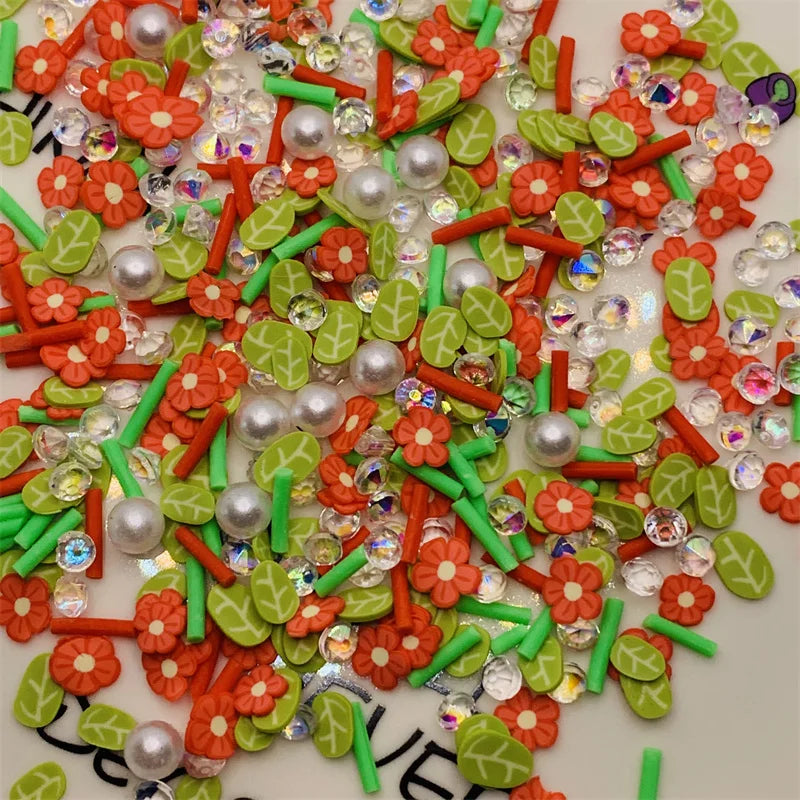 100g Simulation leaves Red flower Clay Slices Romantic Themed Fake Diamond Mixed Sprinkles Slime Crafts Filling Quake mixed