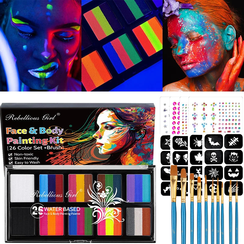 Body Face Painting Kit for Kids Adults,10 Color Face Makeup Palette with Brush,Halloween Carnival Artist Cosplay Art Party Quake