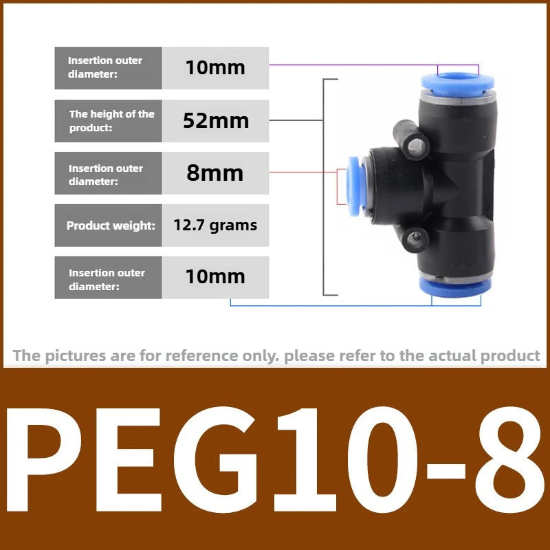 PEG Pneumatic Air Connector Quick Fitting Tee Reducer 3 Way T-shaped Plastic Pipe Hose Connector 6-4/8-6/10-8/10-6/12-8/12-10 Quake PEG10-8 3pcs