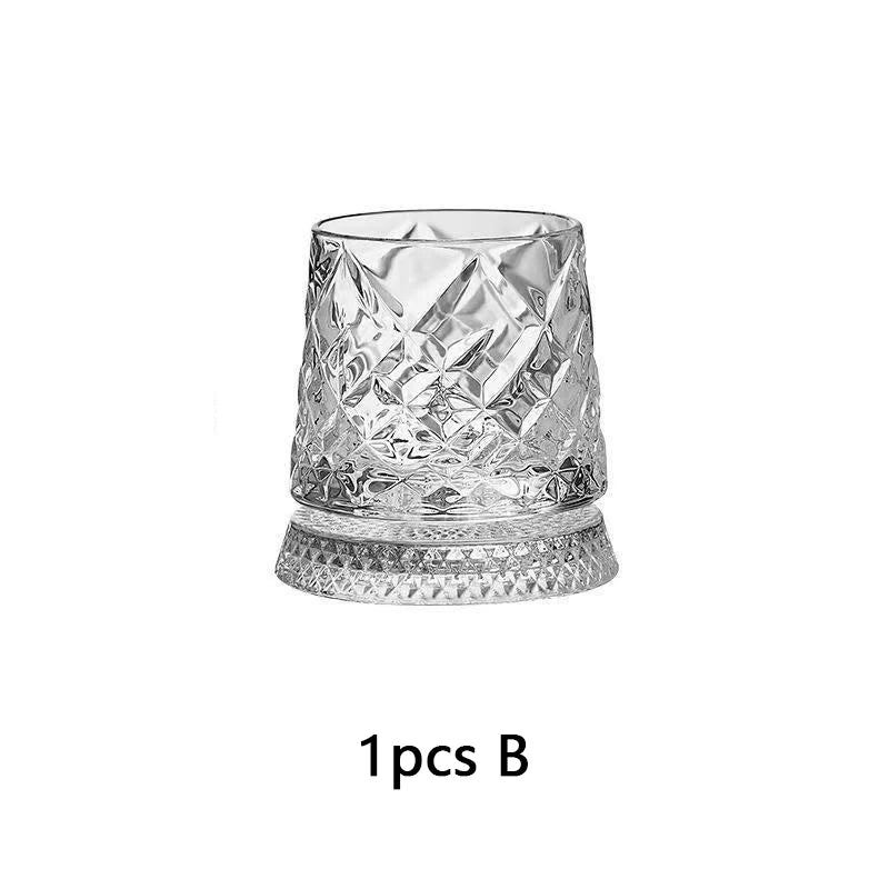 YWDL 360° Rotatable Whiskey Tumbler with Glass Base Embossed Crystal Whisky Glass Spinning Cup for Rum Cocktail Bar Party Gift Quake 1pcs B
