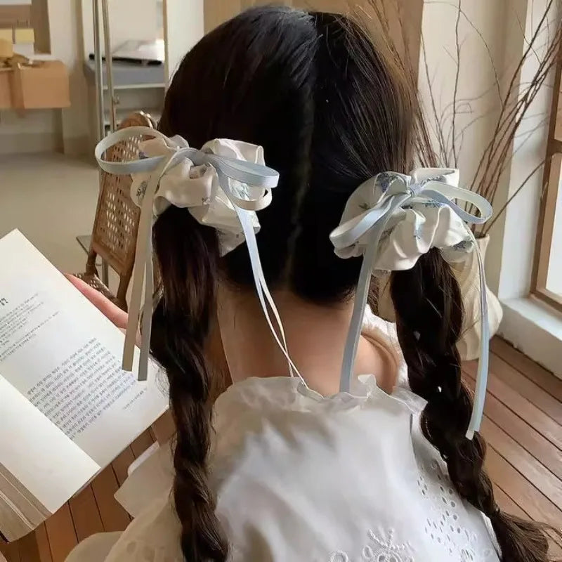 Satin Floral Bow Headband Sweet Girl Double Ponytail Large Intestine Headband Hair Accessory Quake