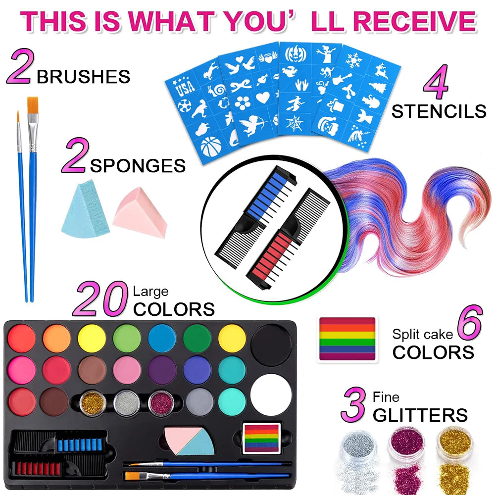 20 Color Face Body Oil Painting Paint Makeup Hair Dye Set Flash Tattoo Painting With Brush Art Adult Kid Halloween Cosplay Party Quake